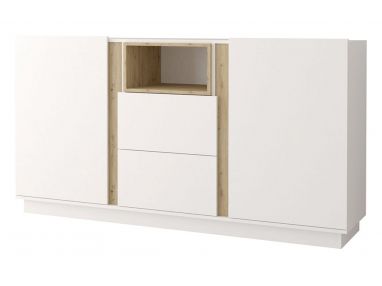 Biała komoda 180 cm z szufladami i szafkami, idealna do salonu - ESPEN Biały mat / Dąb Artisan