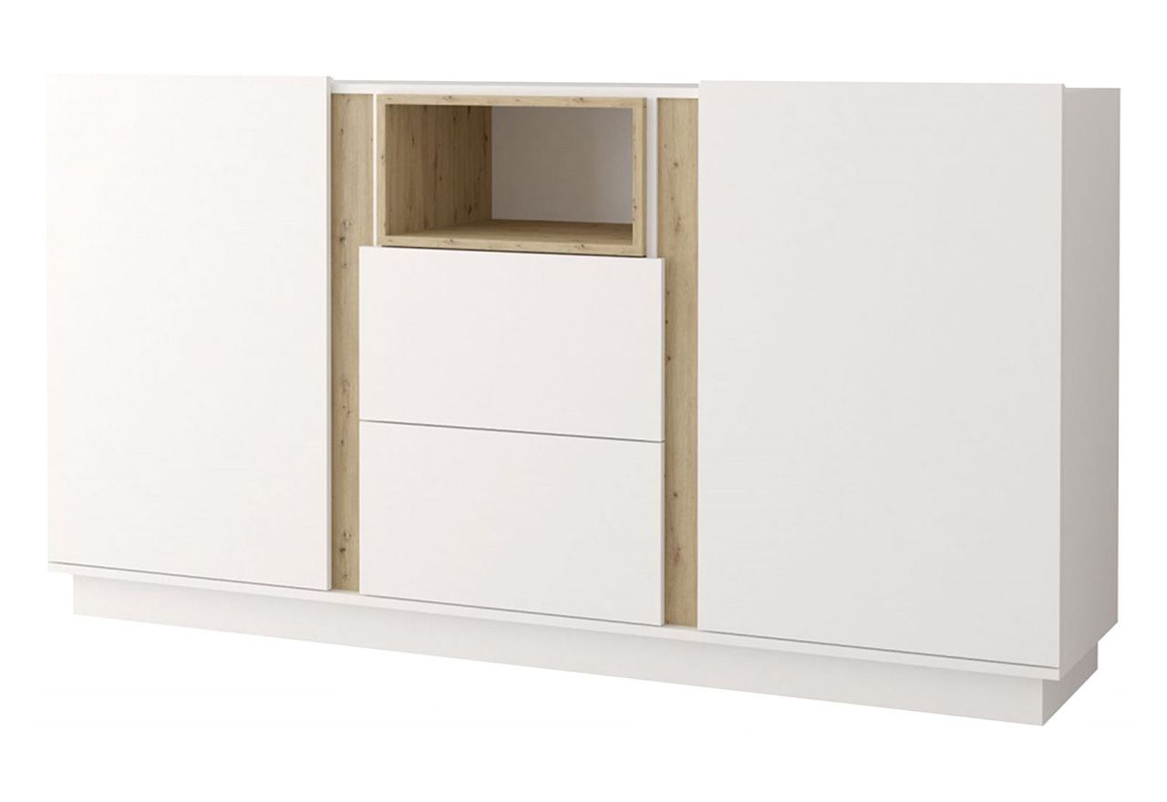 Biała komoda 180 cm z szufladami i szafkami, idealna do salonu - ESPEN Biały mat / Dąb Artisan
