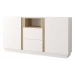 Biała komoda 180 cm z szufladami i szafkami, idealna do salonu - ESPEN Biały mat / Dąb Artisan