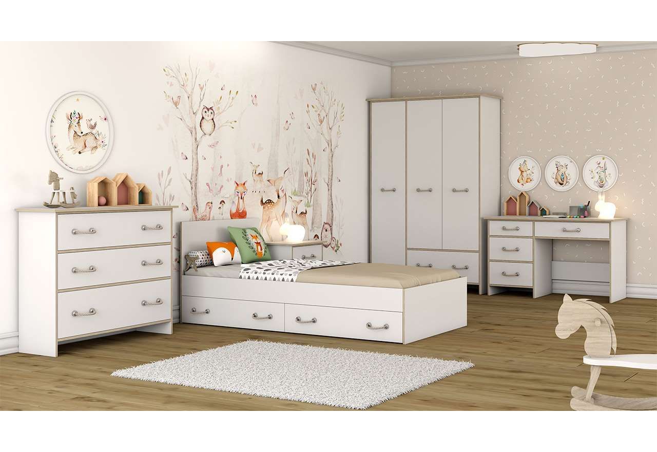Biały zestaw mebli do pokoju młodzieżowego z łóżkiem pojedynczym 90x200 cm - FLARON Biały mat / Dąb Sonoma