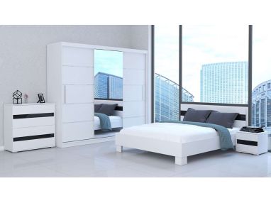 Modny, biały zestaw mebli z pojemną szafą i wygodnym łóżkiem, idealne do sypialni - LUCAS Biały mat / Czarny połysk
