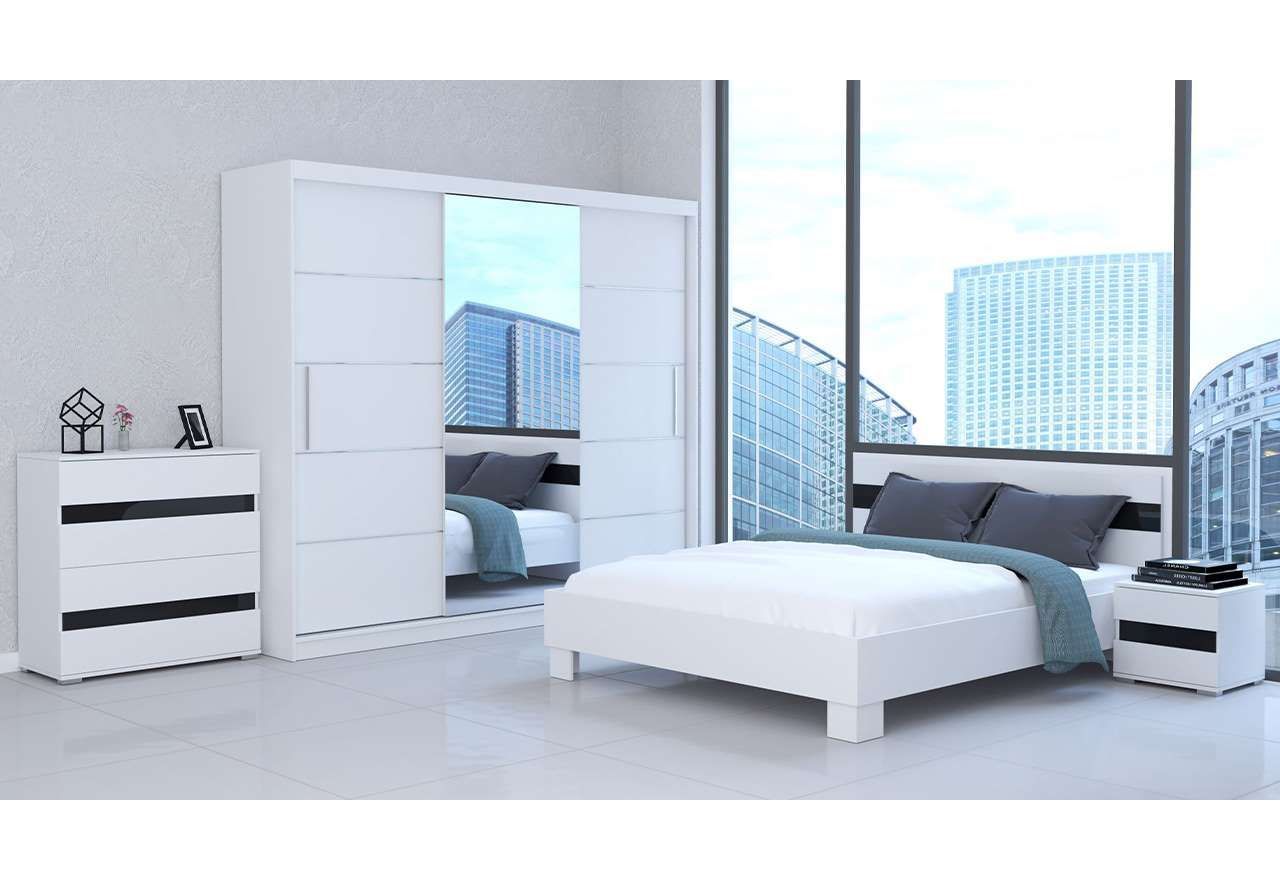 Modny, biały zestaw mebli z pojemną szafą i wygodnym łóżkiem, idealne do sypialni - LUCAS Biały mat / Czarny połysk