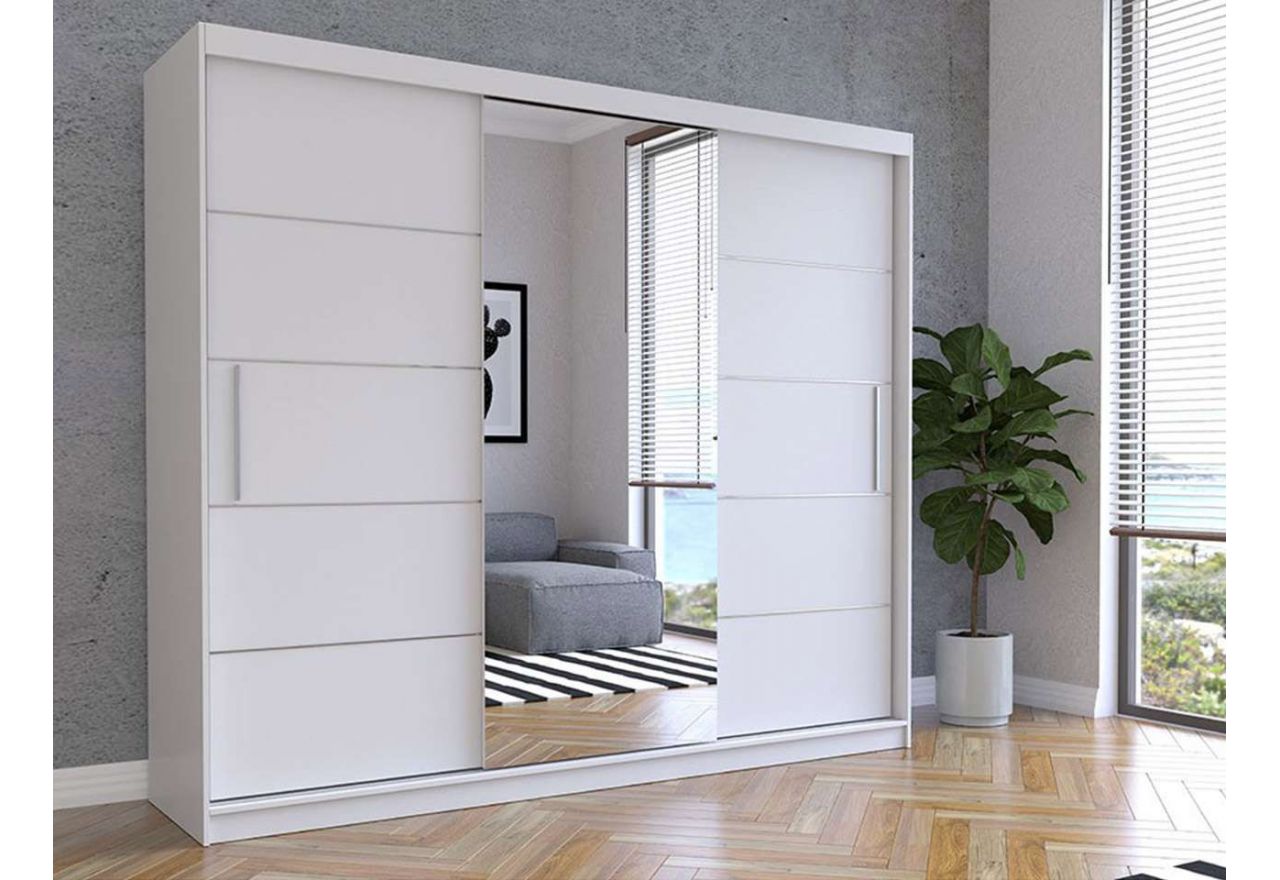 Trzydrzwiowa, biała szafa przesuwna 250 cm z lustrem i pojemnymi półkami, idealna do sypialni i pokoju - STERLI
