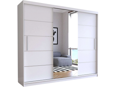 Trzydrzwiowa, biała szafa przesuwna 250 cm z lustrem i pojemnymi półkami, idealna do sypialni i pokoju - STERLI