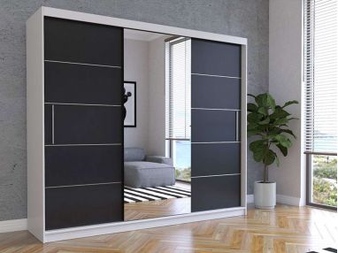 Stylowa, biało-czarna szafa przesuwna 250 cm z lustrem i szprosami do sypialni i pokoju - STERLI Biały mat / Czarny mat