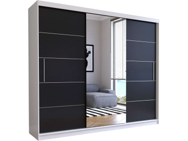 Stylowa, biało-czarna szafa przesuwna 250 cm z lustrem i szprosami do sypialni i pokoju - STERLI Biały mat / Czarny mat
