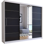 Stylowa, biało-czarna szafa przesuwna 250 cm z lustrem i szprosami do sypialni i pokoju - STERLI Biały mat / Czarny mat