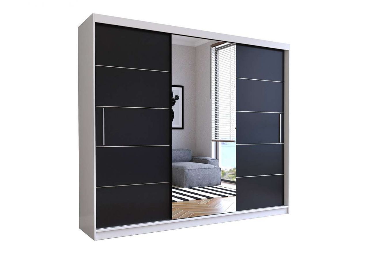 Stylowa, biało-czarna szafa przesuwna 250 cm z lustrem i szprosami do sypialni i pokoju - STERLI Biały mat / Czarny mat