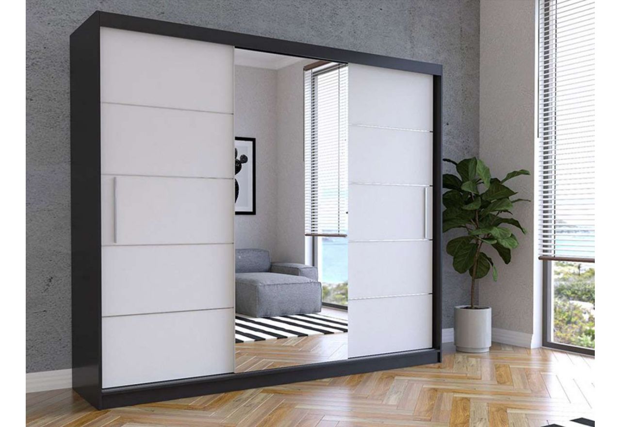 Duża, funkcjonalna szafa przesuwna 250 cm z lustrem i z białym frontami, idealna do sypialni - STERLI Czarny mat / Biały mat