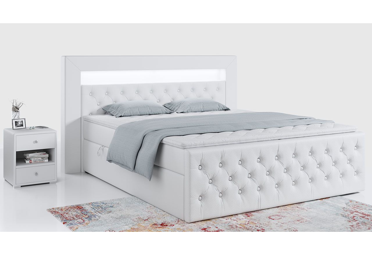Modne łóżko kontynentalne 140x200 z pojemnikiem na pościel i zagłowiem LED - GOLD 9 / Madryt 920 - biała ecoskóra