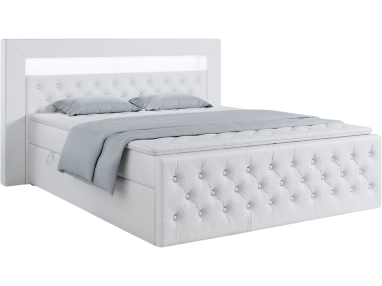 Modne łóżko kontynentalne 140x200 z pojemnikiem na pościel i zagłowiem LED - GOLD 9 / Madryt 920 - biała ecoskóra