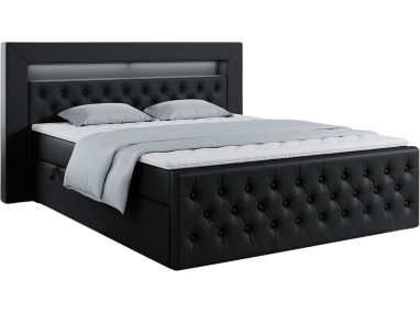 Dwuosobowe łóżko kontynentalne 140x200 z pojemnikiem na pościel do sypialni - GOLD 9 / Madryt 9100 - czarna ecoskóra
