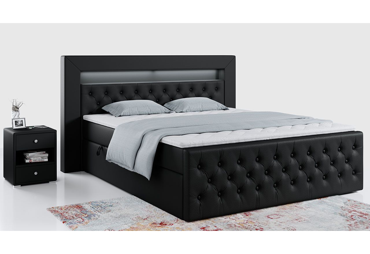 Duże, wygodne łóżko kontynentalne 180x200 do sypialni z wezgłowiem LED i pojemnikiem - GOLD 9 / Madryt 9100 - czarna ecoskóra