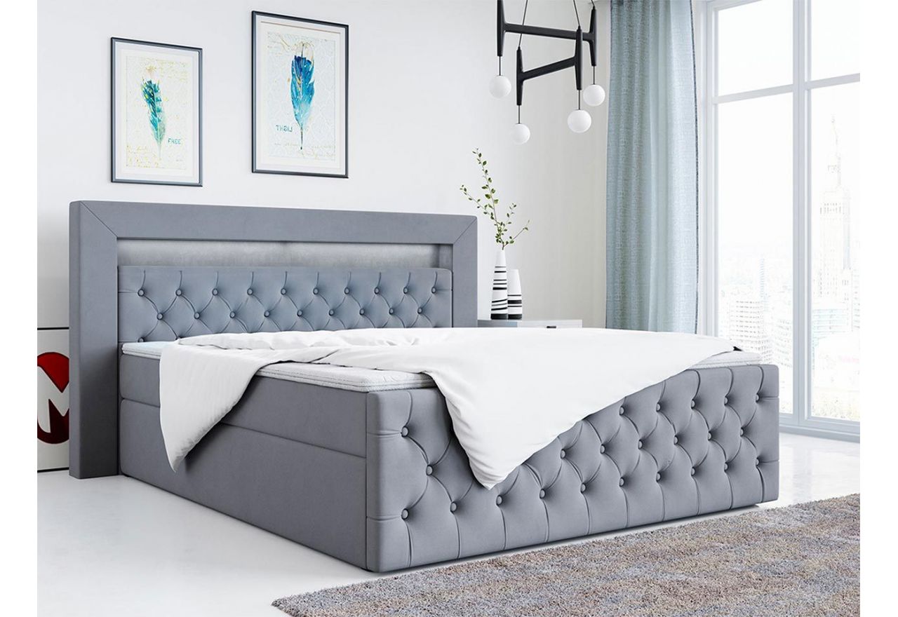 Podwójne łóżko kontynentalne 160x200 w modnym stylu z oświetleniem LED - GOLD 9 / Casablanca 2314 - szary
