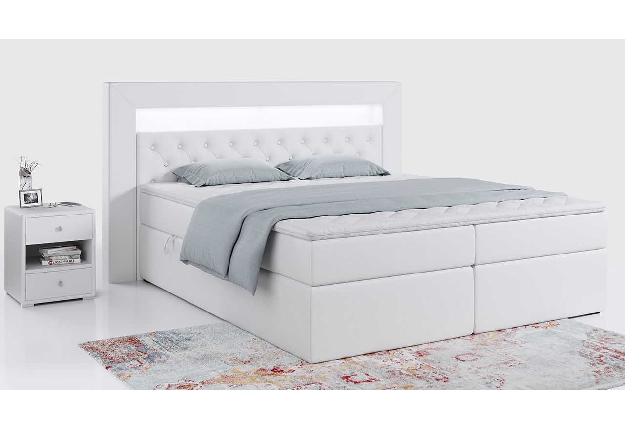 Łóżko kontynentalne 120x200 z pojemnikiem na pościel i oświetleniem LED do sypialni - GOLD 6 / Madryt 920 - biała ecoskóra