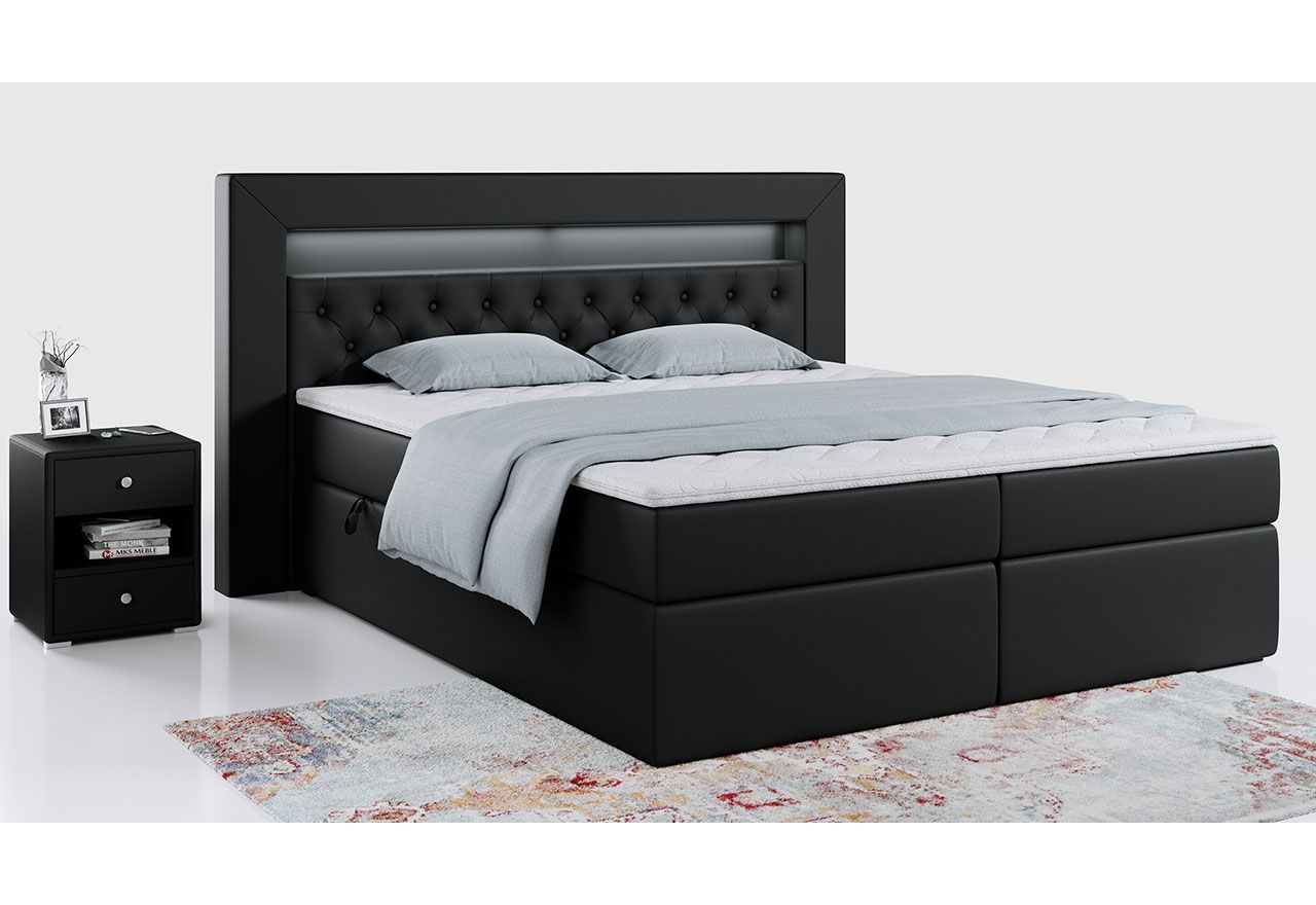 Modne łóżko kontynentalne 140x200, dwuosobowe z opcją wyboru tkaniny - GOLD 6 / Madryt 9100 - czarna ecoskóra