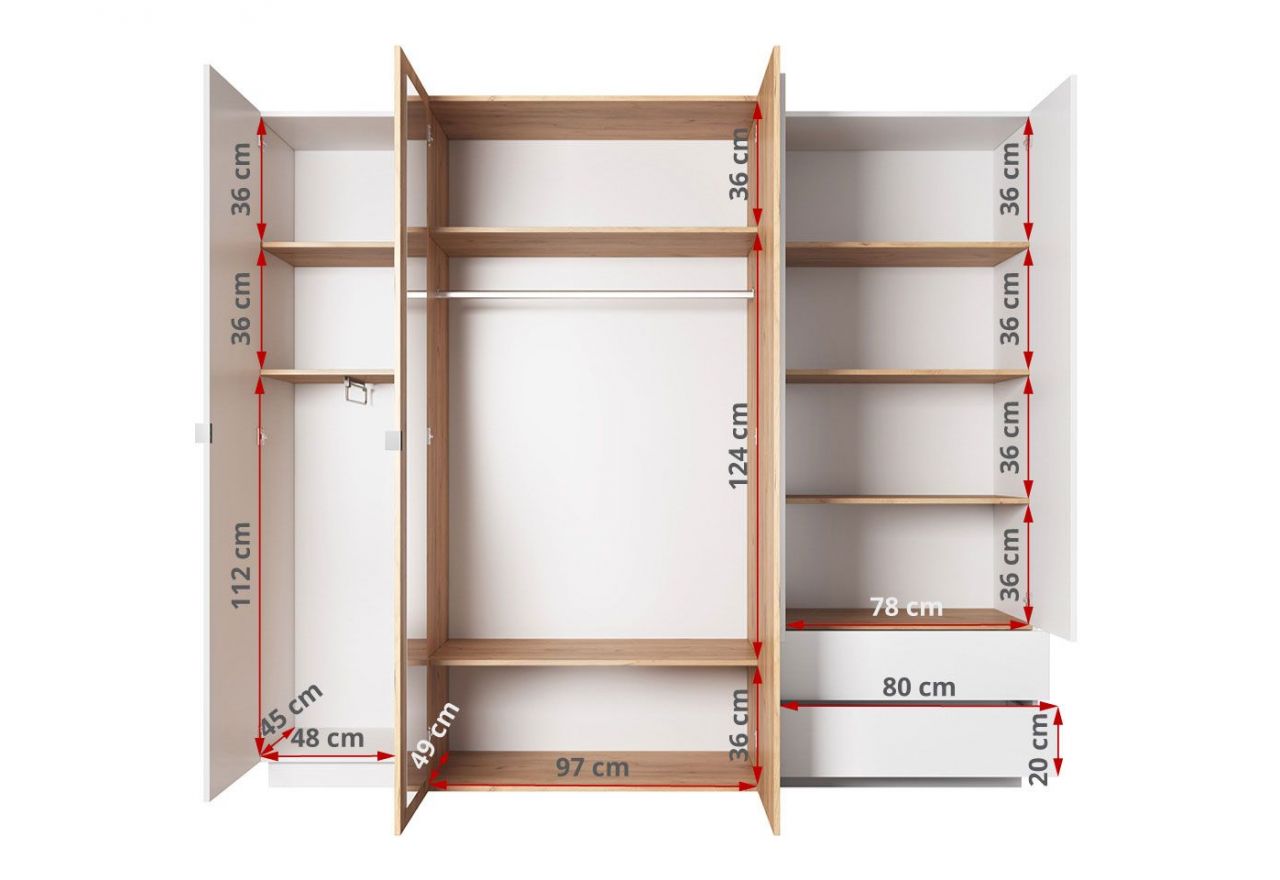 Nowoczesna szafa uchylna 230 cm, czterodrzwiowa z lustrem do sypialni - VITUALO / Biały Mat / Dąb Craft Złoty