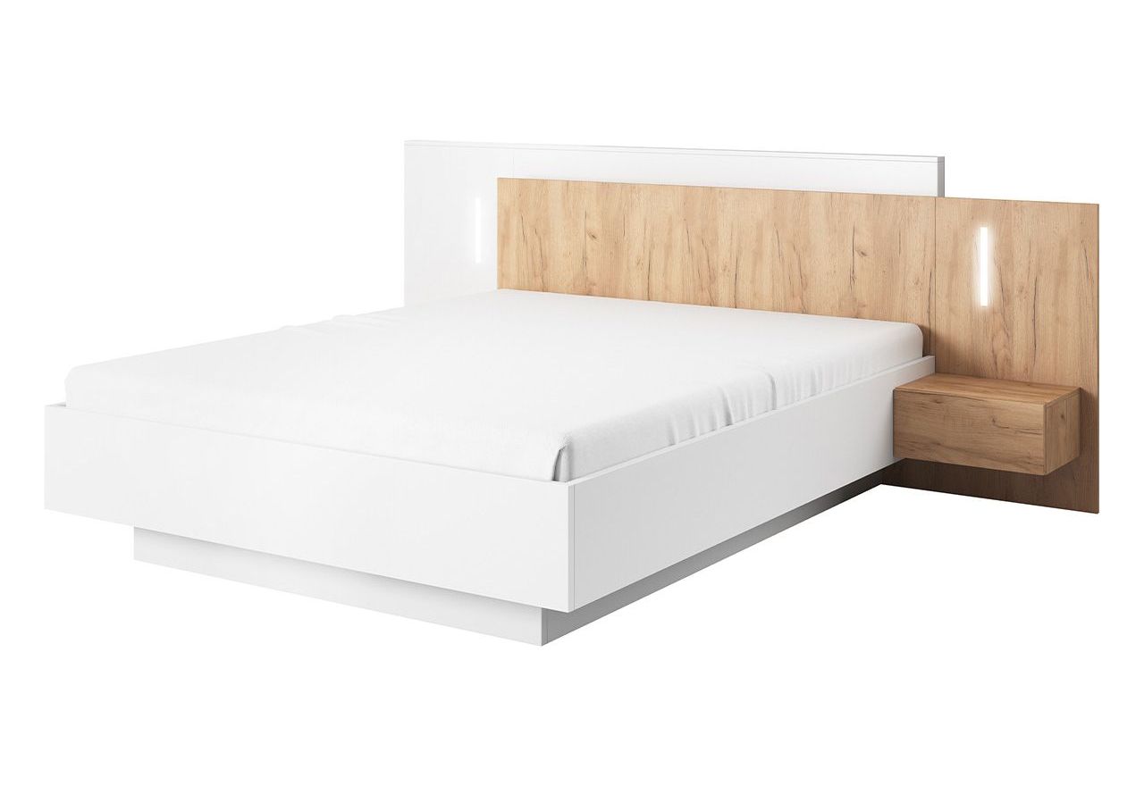 Łóżko podwójne 160x200 ze stolikami nocnymi w nowoczesnym stylu do sypialni - VITUALO / Biały Mat / Dąb Craft Złoty