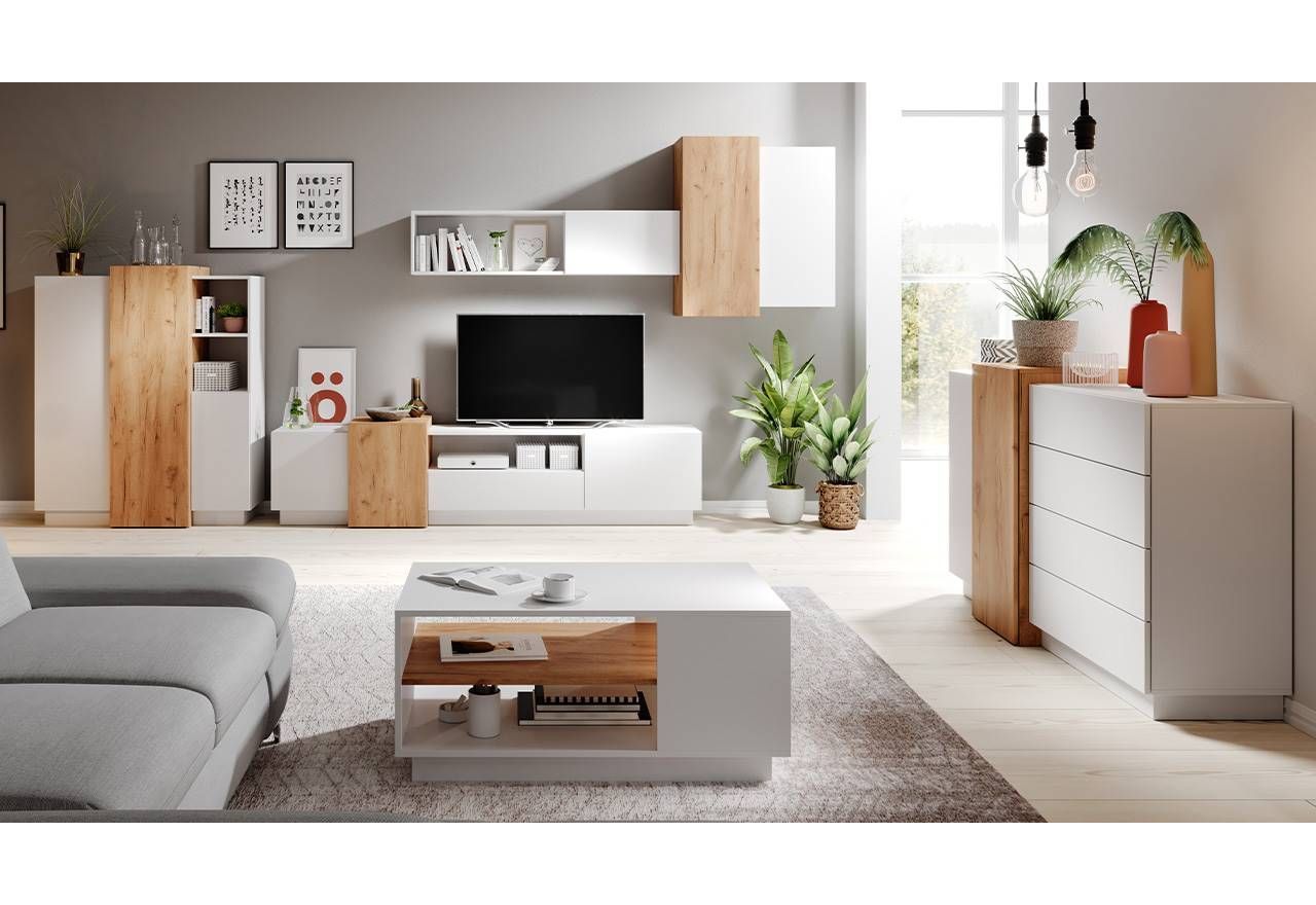 Nowoczesna, trzydrzwiowa komoda do pokoju i salonu - VITUALO / Biały Mat / Dąb Craft Złoty