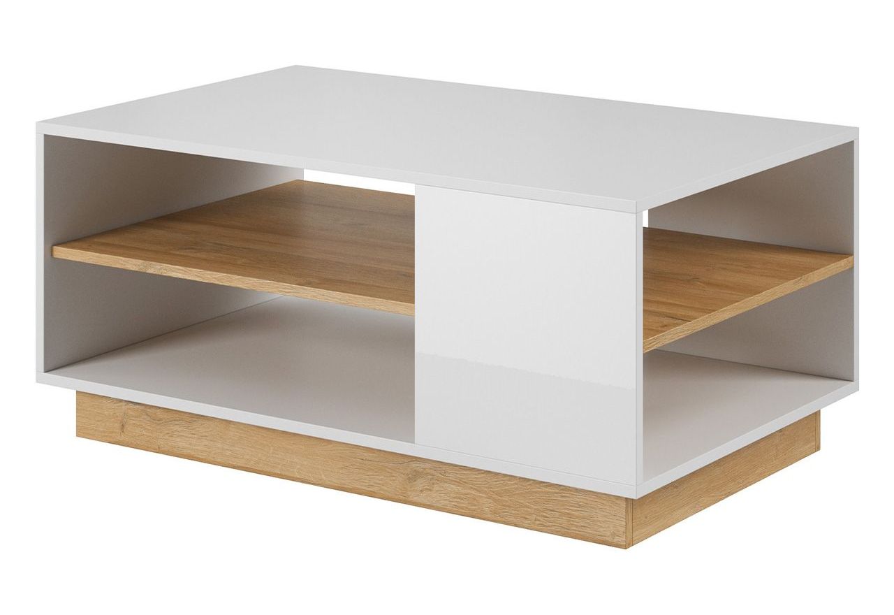 Praktyczny, nowoczesny stolik kawowy z półkami do pokoju i salonu - ARDANO / Biały Mat / Biały Połysk / Dąb Grandson