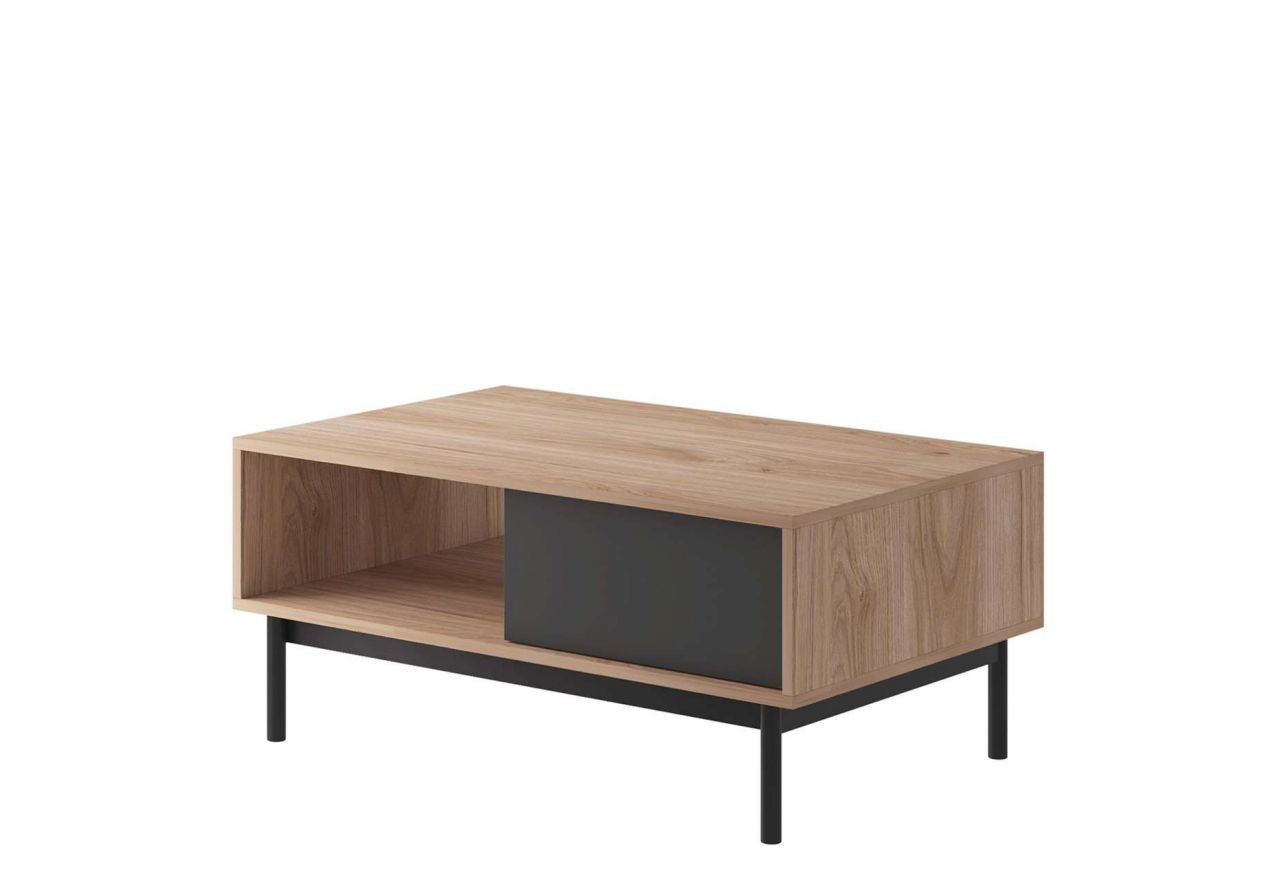 Stolik kawowy z szufladami do salonu, prostokątny, industrialny, na drewnianych nogach - AVERO Jackson Hickory / Grafit mat