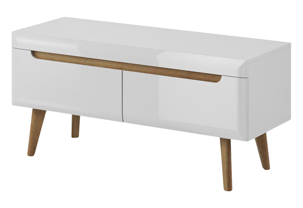 Szafka RTV 107 cm z dwiema szufladami do salonu w stylu skandynawskim - LEIDA Biały połysk / Dąb Riviera