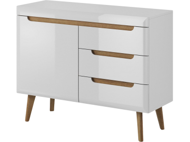 Biała komoda z szufladami do salonu 107 cm, fronty w połysku w stylu skandynawskim - LEIDA Biały połysk / Dąb Riviera