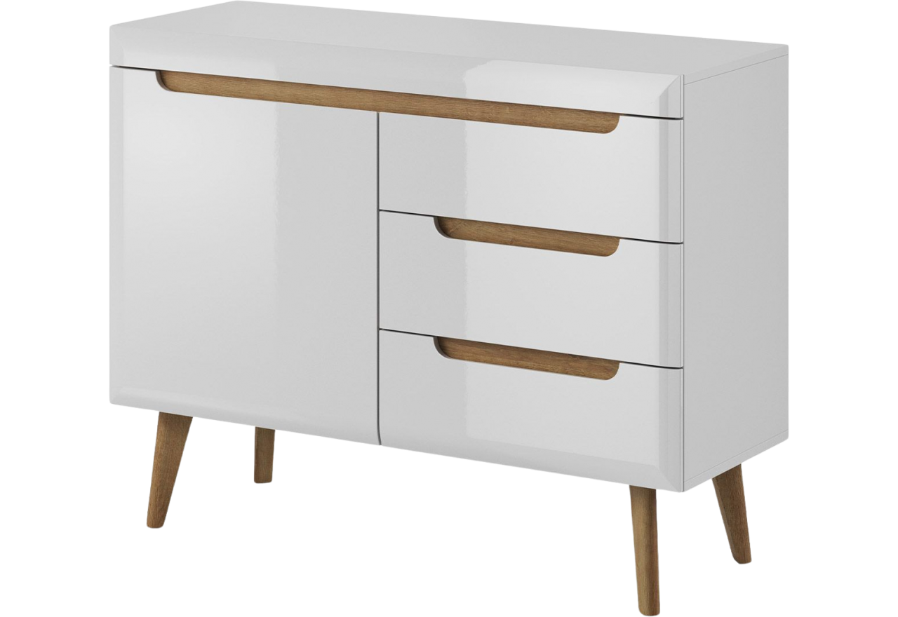 Biała komoda z szufladami do salonu 107 cm, fronty w połysku w stylu skandynawskim - LEIDA Biały połysk / Dąb Riviera