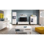 Szafa 80 cm biały połysk z szufladami do salonu, garderoba w skandynawskim stylu - LEIDA Biały połysk / Dąb Riviera