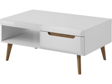 Stolik kawowy do salonu w białym połysku, z szufladami na drewnianych nóżkach - LEIDA Biały połysk / Dąb Riviera