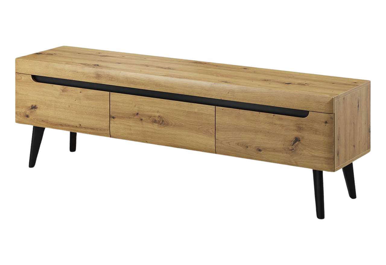 Szafka RTV z szufladami 160 cm do salonu, na czarnych, drewnianych nóżkach - LEIDA Dąb Artisan / Czarny mat