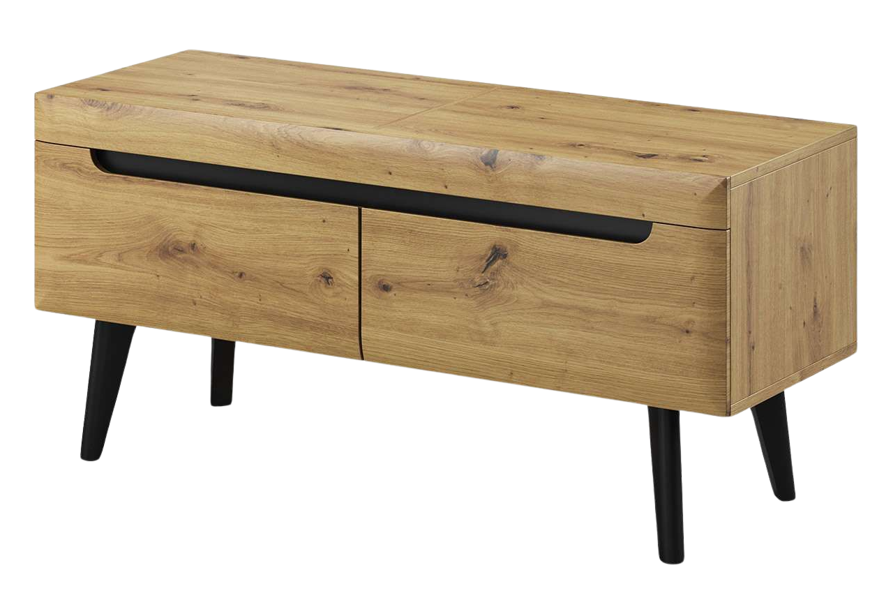 Stojąca szafka RTV 107 cm z szufladami na drewnianych, czarnych nóżkach do salonu - LEIDA Dąb Artisan / Czarny mat