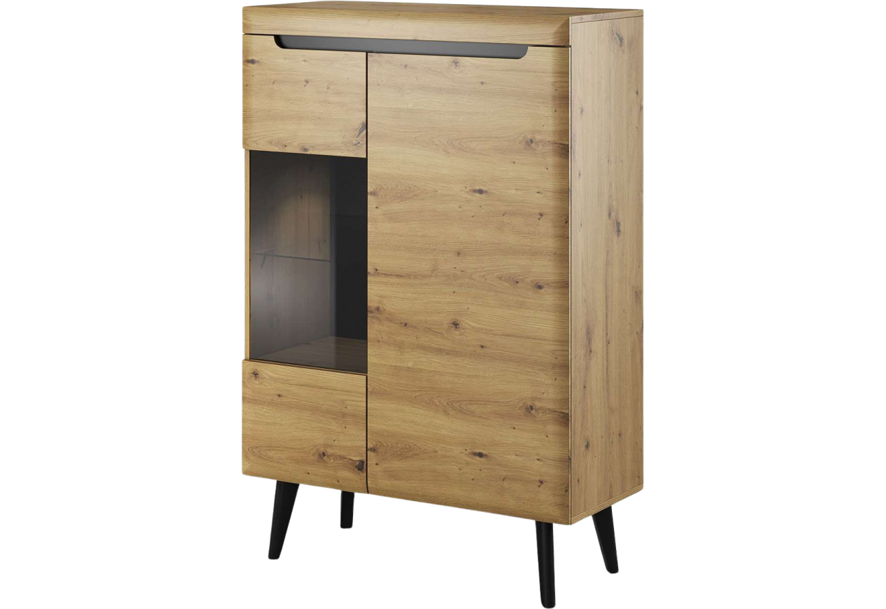 Witryna do salonu 90 cm, stojąca z drewnianymi nóżkami i opcją oświetlenia - LEIDA Dąb Artisan / Czarny mat