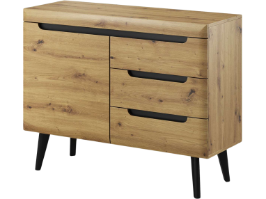 Komoda 107 cm z szufladami do salonu, skandynawska na drewnianych nóżkach - LEIDA Dąb Artisan / Czarny mat