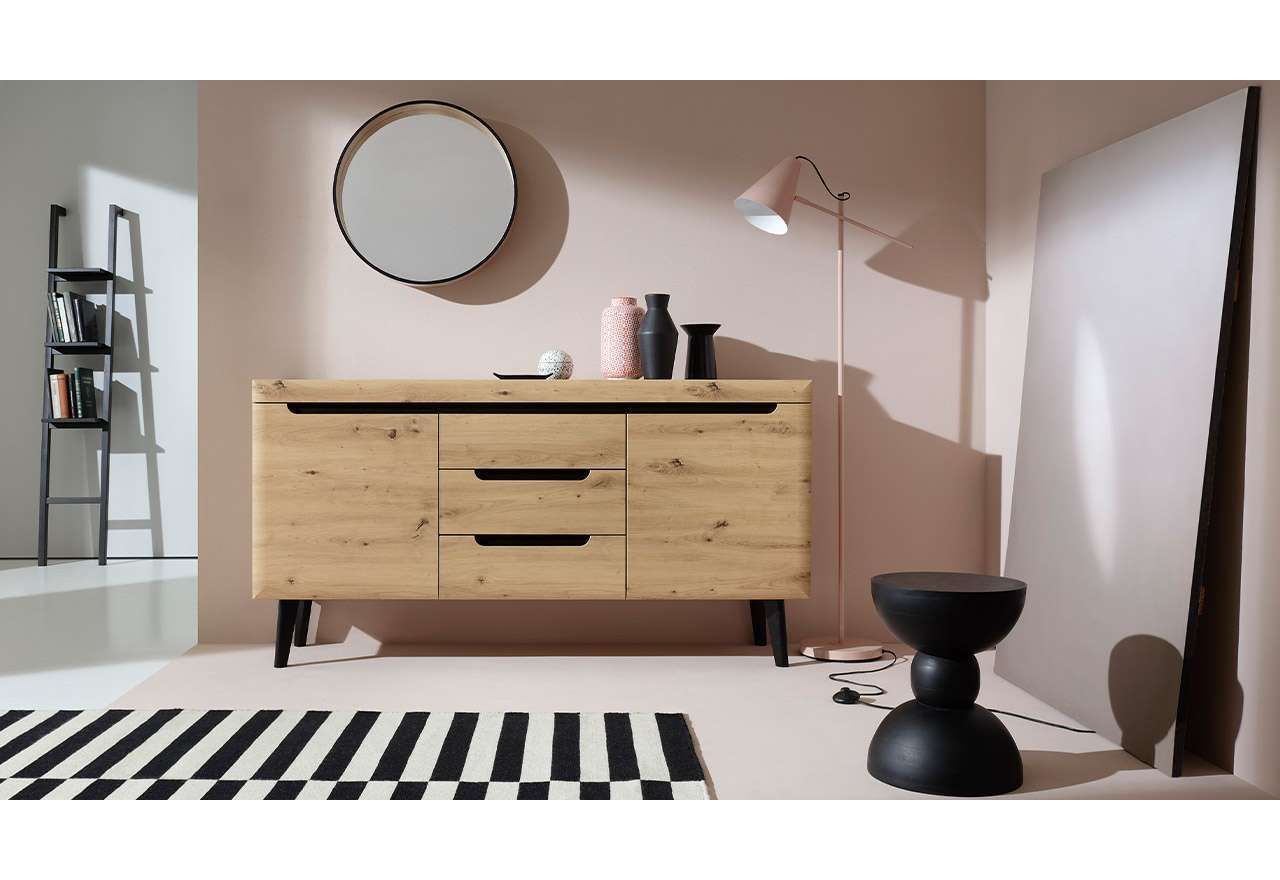 Duża komoda 160 cm z szufladami do salonu, 2-drzwiowa w skandynawskim stylu - LEIDA Dąb Artisan / Czarny mat