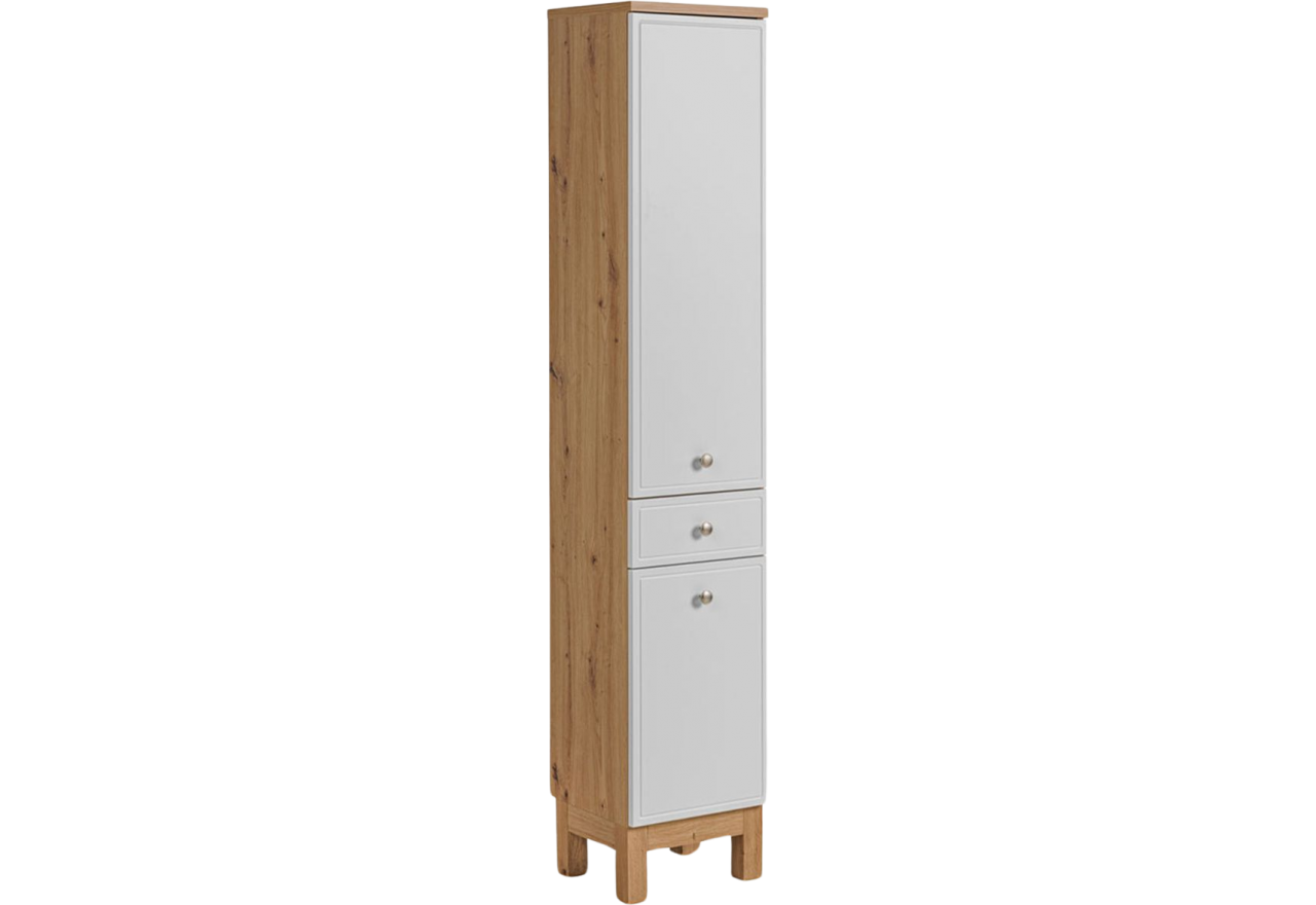 Stojąca dwudrzwiowa szafka w klasycznym stylu do łazienki, wysoka - SADLE /  Dąb Artisan / Biały Mat - sklep MKS Meble