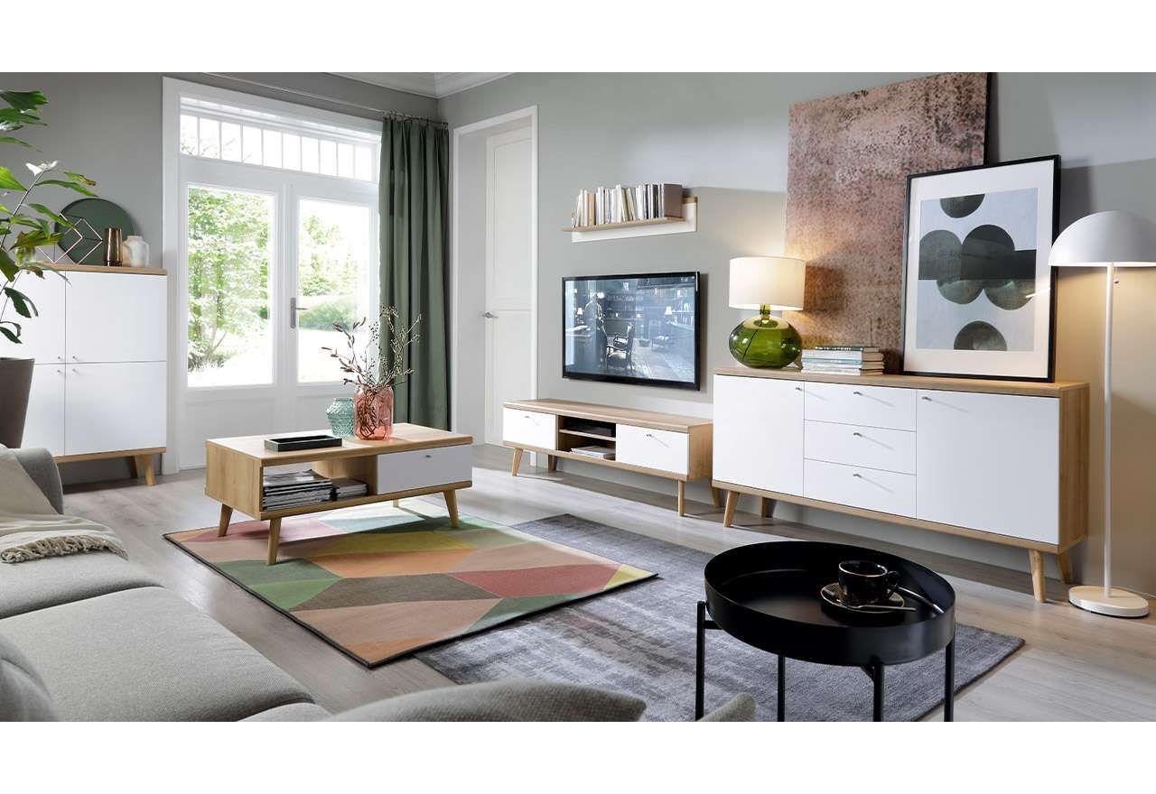 Zestaw mebli do salonu w stylu skandynawskim, z białym frontami i drewnianymi nogami - PETTINO Biały mat / Dąb Riviera