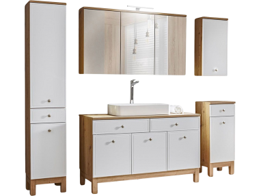 Zestaw mebli łazienkowych z szafką 120 cm pod umywalkę w klasycznym stylu - SADLE / Dąb Artisan / Biały Mat
