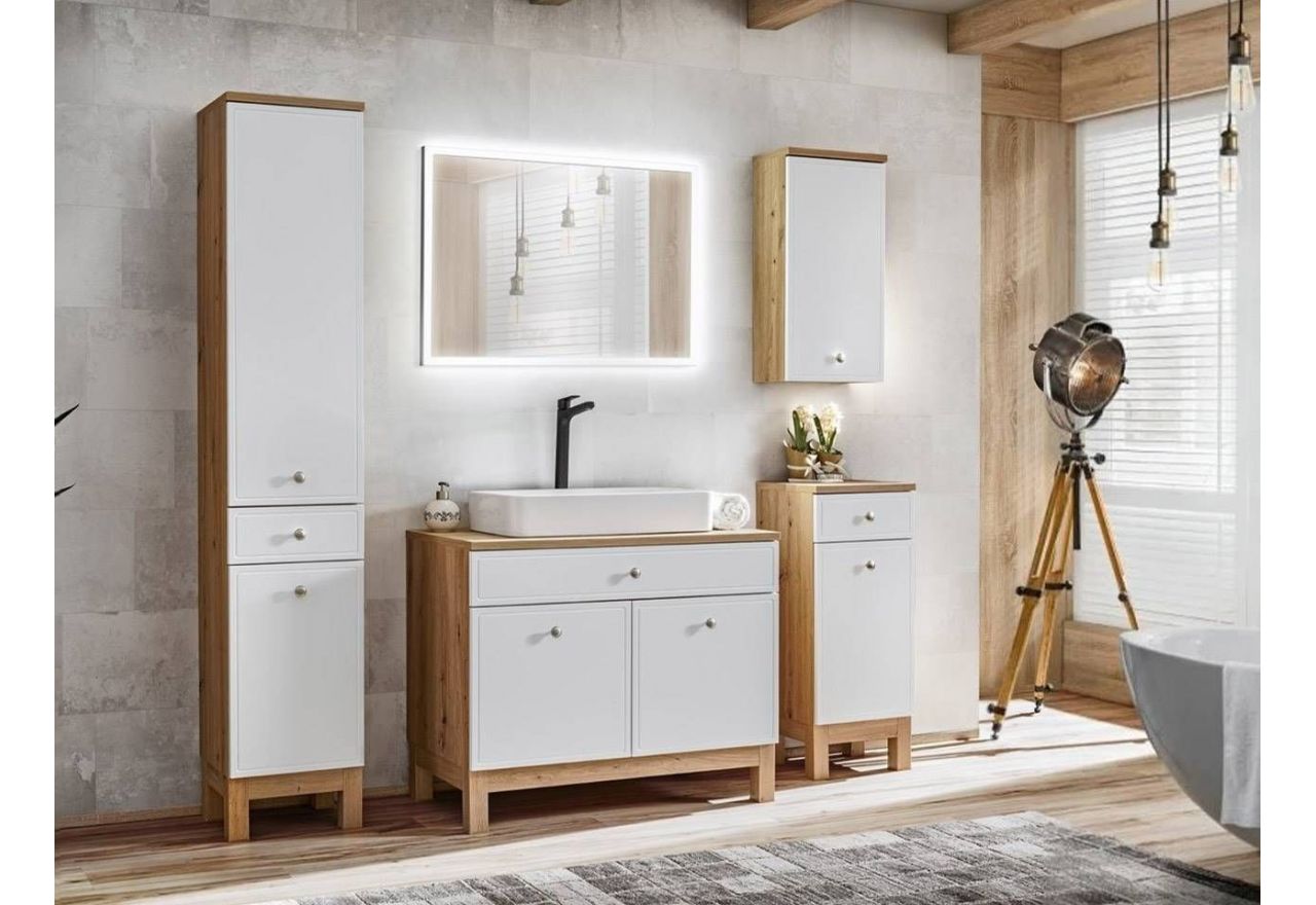 Elegancki zestaw mebli łazienkowych z lustrem LED i szafką pod umywalkę 90 cm - SADLE / Dąb Artisan / Biały Mat
