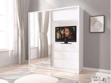 Szafa przesuwna 204 cm z lustrem do sypialni i miejscem na telewizor - TABES Biały mat