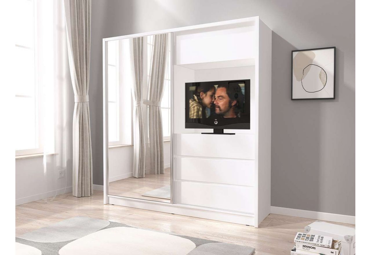 Szafa przesuwna 204 cm z lustrem do sypialni i miejscem na telewizor - TABES Biały mat