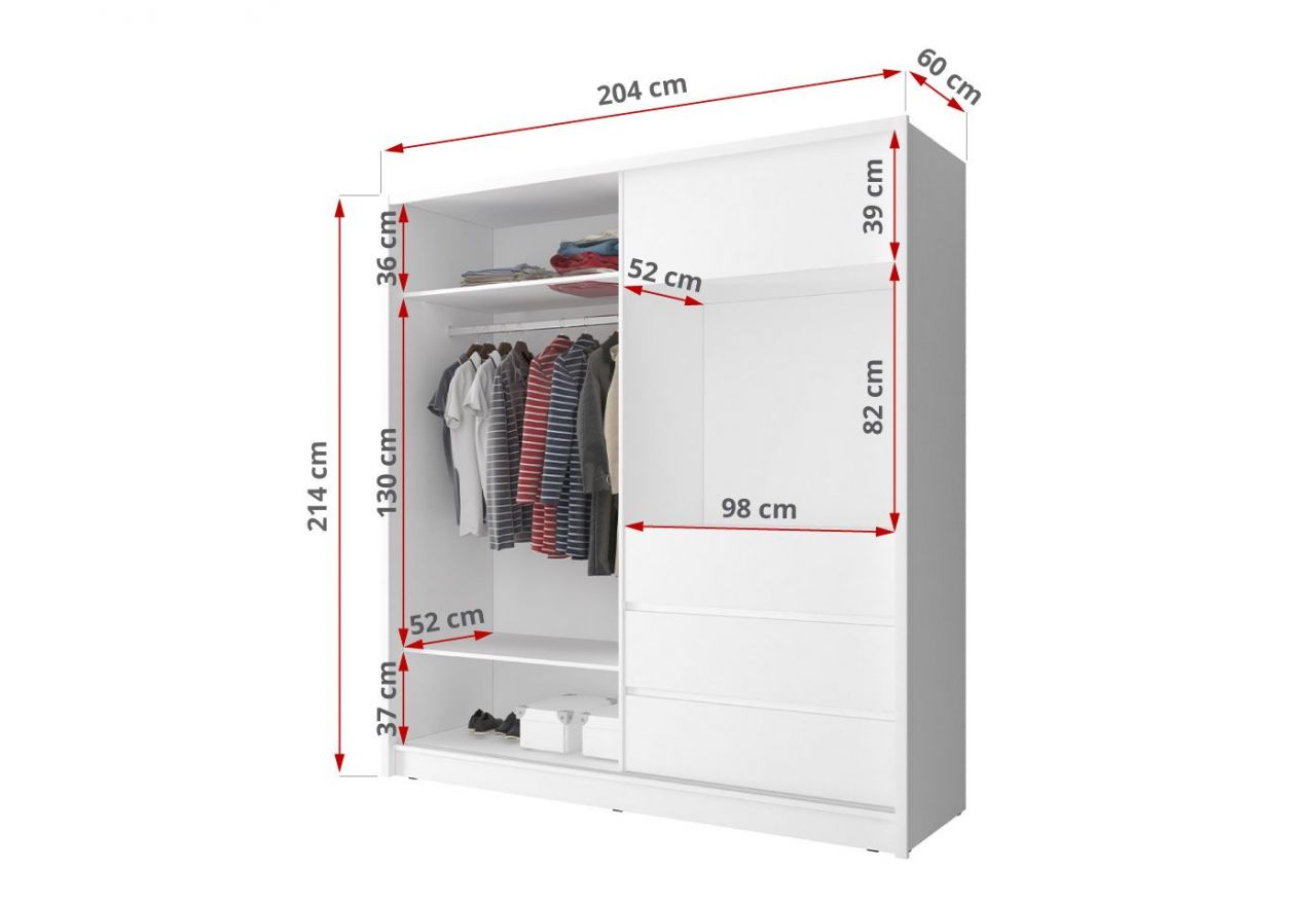 Szafa przesuwna 204 cm z lustrem do sypialni i miejscem na telewizor - TABES Biały mat