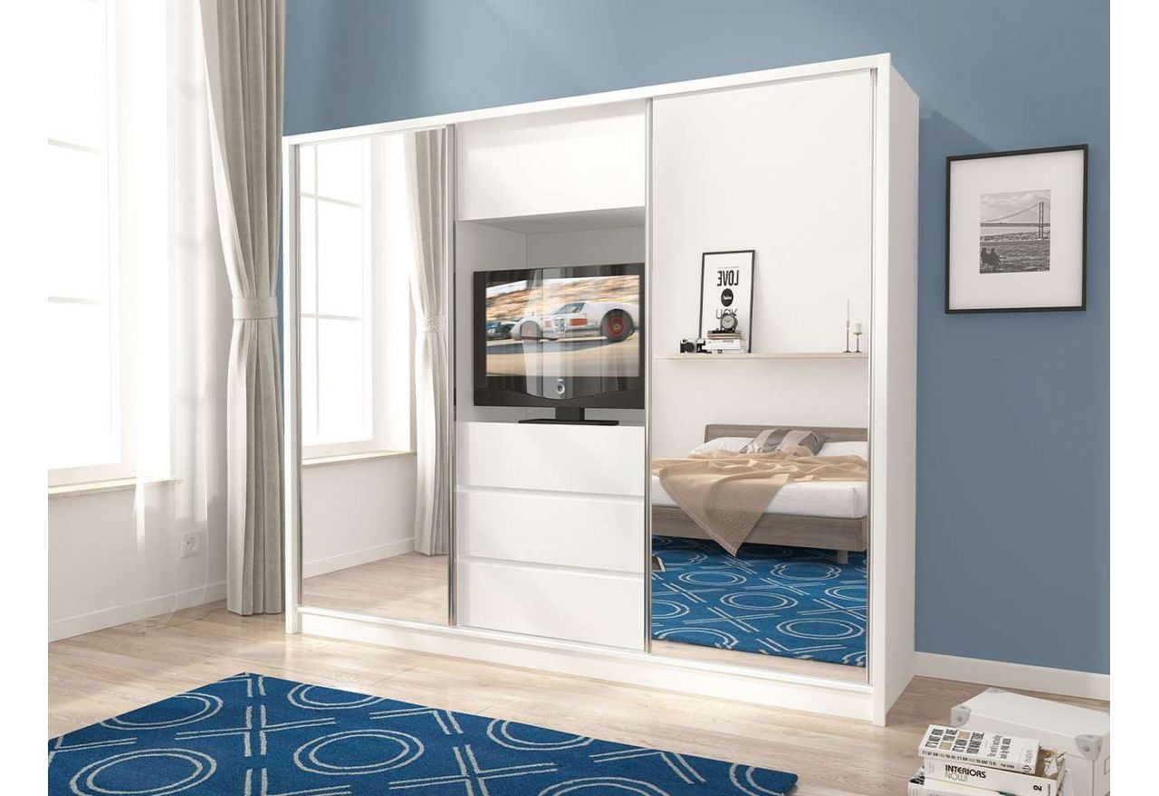 Szafa przesuwna TV 254 cm do sypialni z lustrem i szufladami w białym kolorze - TABES Biały mat