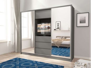 Duża szafa przesuwna do sypialni z wnęką na telewizor i lustrami na frontach - TABES Grafit mat