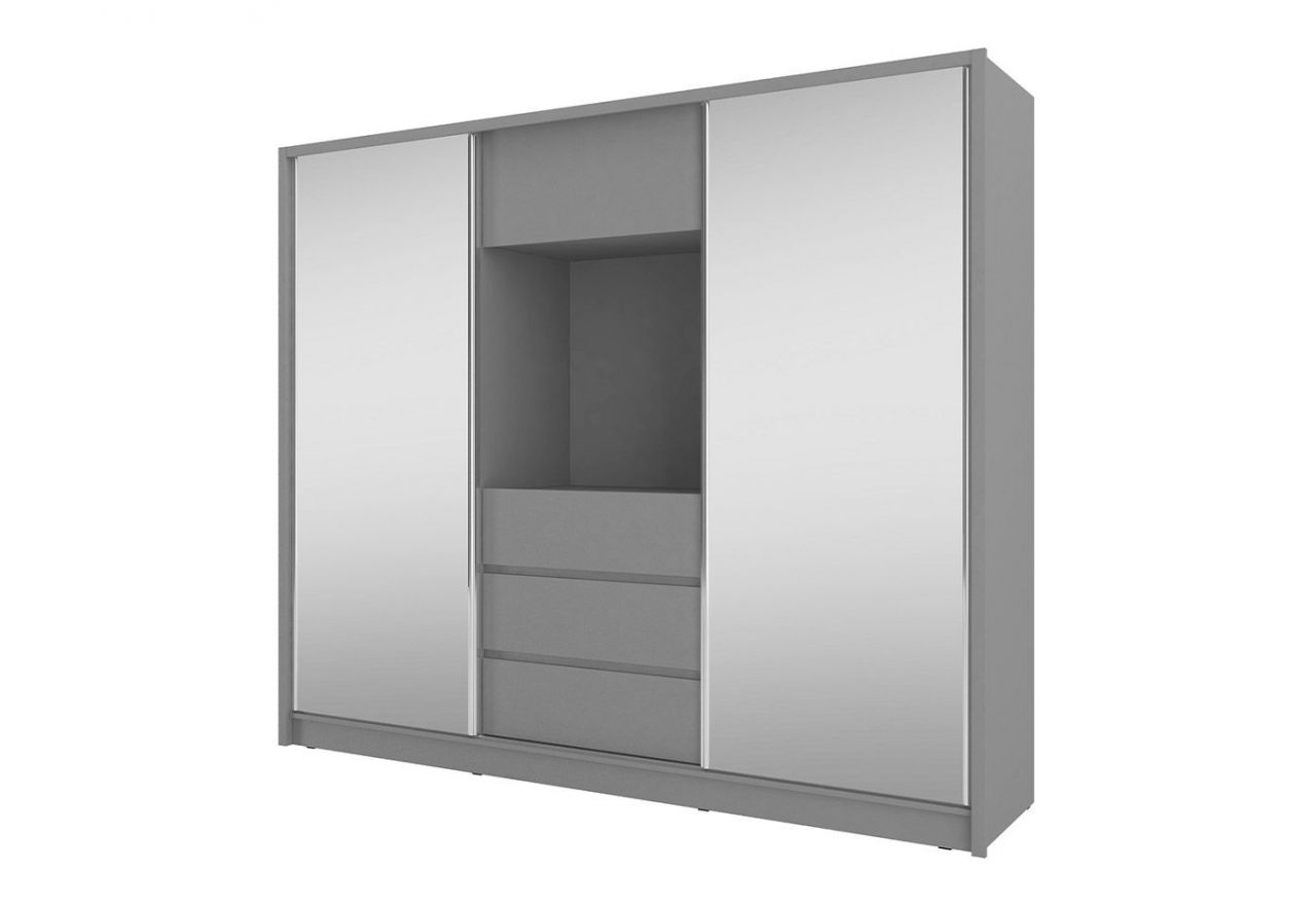 Duża szafa przesuwna do sypialni z wnęką na telewizor i lustrami na frontach - TABES Grafit mat