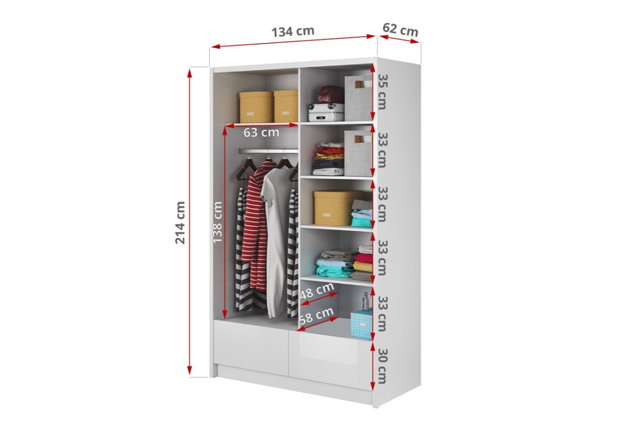 Szafa z lustrem 130 cm, dwudrzwiowa, przesuwna, z szufladami do sypialni - AISHA I Biały połysk / Biały mat