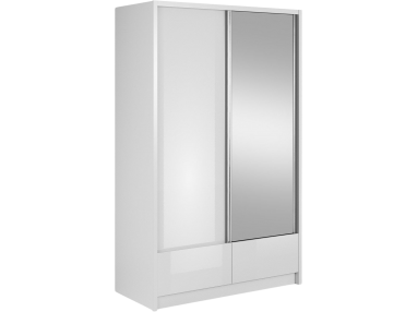 Szafa z lustrem 134 cm, dwudrzwiowa, przesuwna, z szufladami do sypialni - AISHA I Biały połysk / Biały mat