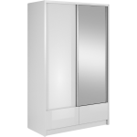 Szafa z lustrem 130 cm, dwudrzwiowa, przesuwna, z szufladami do sypialni - AISHA I Biały połysk / Biały mat