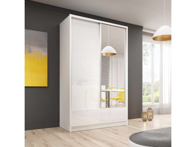 Szafa z lustrem 130 cm, dwudrzwiowa, przesuwna, z szufladami do sypialni - AISHA I Biały połysk / Biały mat