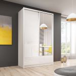 Szafa z lustrem 130 cm, dwudrzwiowa, przesuwna, z szufladami do sypialni - AISHA I Biały połysk / Biały mat